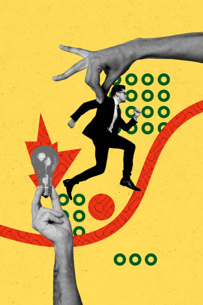 istock Vertical photo collage of serious businessman run work finding idea plan electricity invention progress isolated on painted background 2184723177