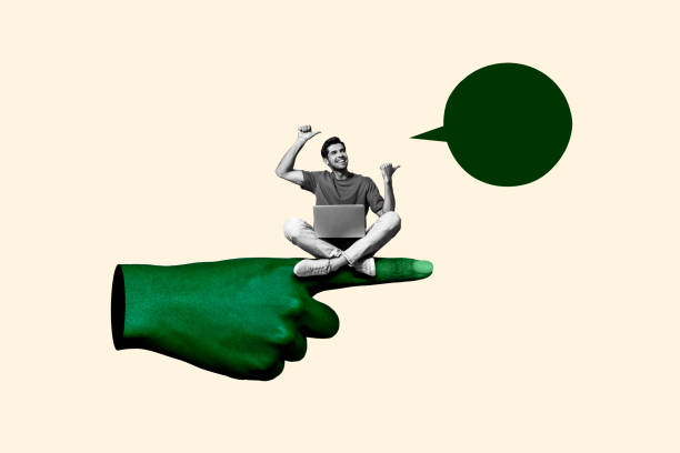 istock Composite photo collage of happy man sit hand point finger text box laptop notification message isolated on painted background 2184723536