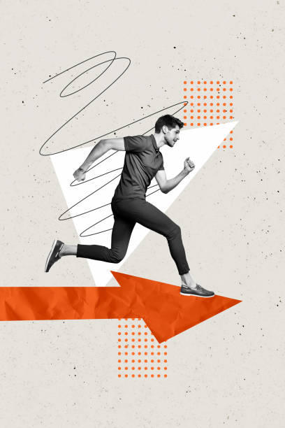 istock Composite trend artwork 3D sketch image photo collage of arrow show direction young guy trader business run fast choose route motivation 2184723613