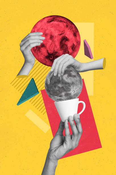 istock Vertical poster collage coffee tea cup moon night energy drink beverage 3d hands body fragments hold full planet drawing background 2184725007