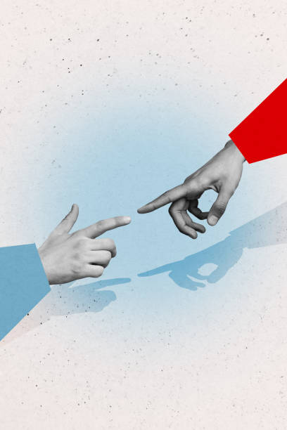 istock Composite trend artwork sketch image photo collage of poster two different huge hand hold together touch finger point unity connection 2184725124