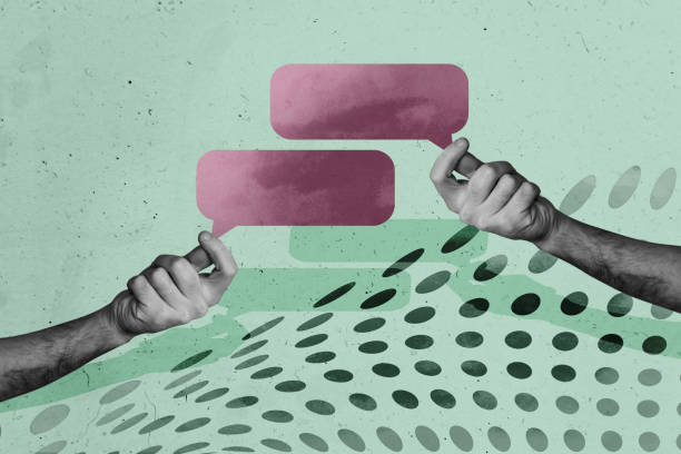 istock Composite trend artwork sketch image photo collage of speech cloud chatting two huge hand appear hold chatting empty space message social 2184725167