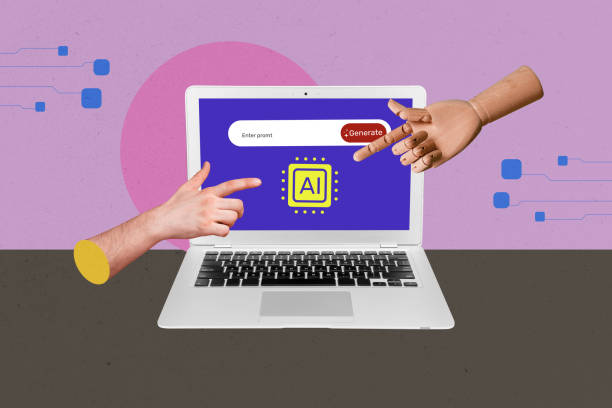 Composite photo collage of hands point laptop screen artificial intelligence app webpage tab gpt chat isolated on painted background