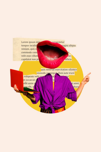 istock Composite trend artwork 3D sketch image photo collage of anonymous mouth lips say makeup red lipstick young lady headless work laptop 2184726517