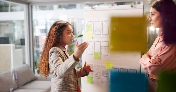 istock Business women, whiteboard and presentation for strategy, teamwork and app development with proposal. Entrepreneur, board and sticky note for ux design, wireframe or smartphone innovation with pitch 2184726537