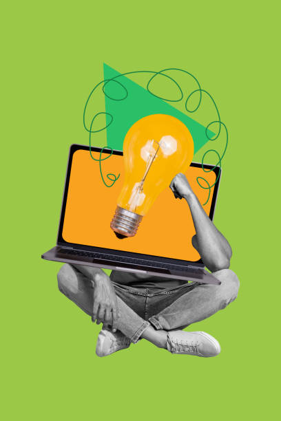 istock Vertical collage headless man think decide dilemma solution eureka laptop screen remote job led power eureka invention smart thought 2184726626