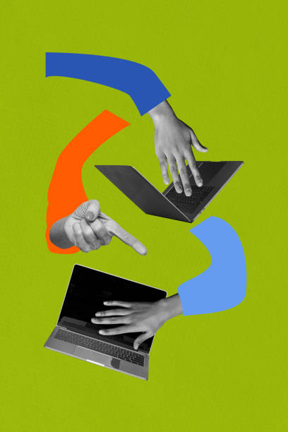 istock Composite trend artwork collage of two hands bodyless appear hold laptop work remote distance office manager type keypad finger point 2184726643