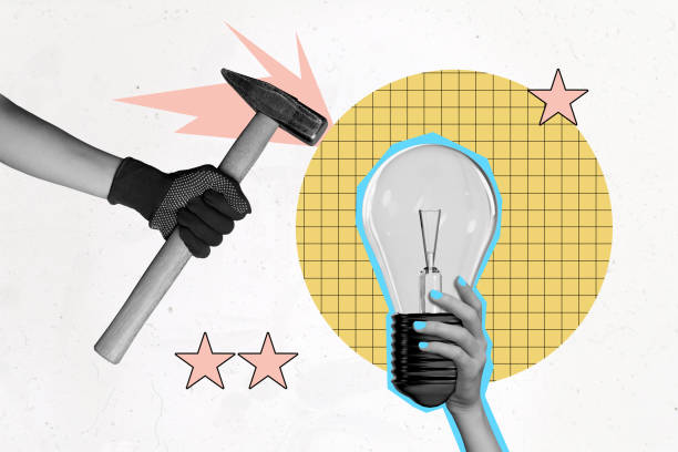 istock Composite photo collage of hands hold hammer tool light bulb idea finding power watt blackout repair glove isolated on painted background 2184726800
