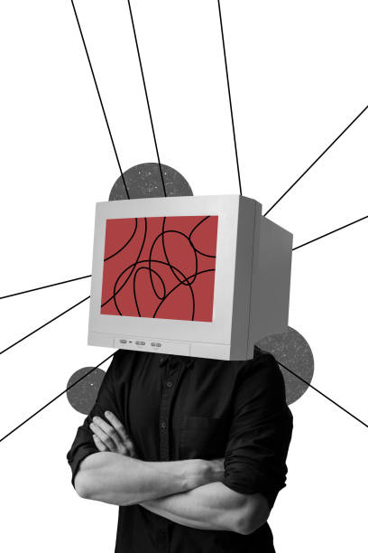 istock Vertical photo collage of anonym human crossed hands instead head computer pc screen addiction zombie isolated on painted background 2184726899