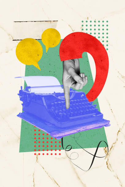 istock Vertical photo collage of hand index finger type retro machine typewriter tool journalist novel publisher isolated on painted background 2184727551