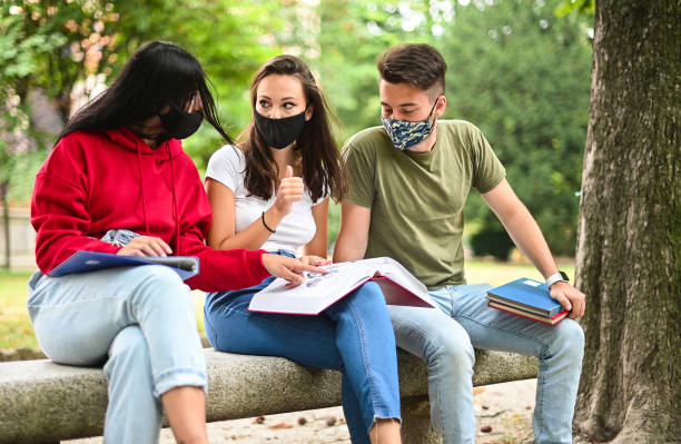 istock Students wearing protective face masks studying together at park 2184727776