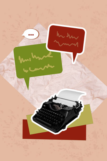istock Vertical photo collage of retro typewriter machine bubble communication mind conversation typescript isolated on painted background 2184727879