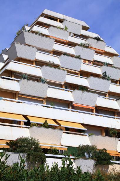 Modern ziggurat style architecture of famous centrally planned resort town La Grande-Motte in Occitanie region of France.