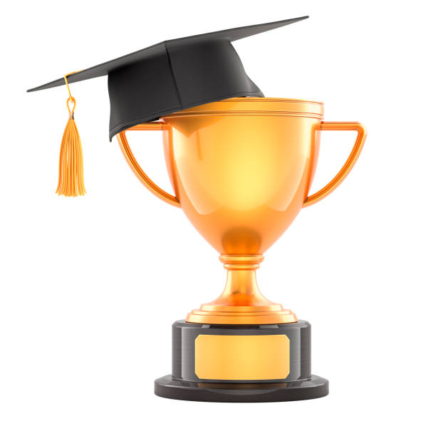 Gold trophy cup award with graduation cap, 3D rendering isolated on white background