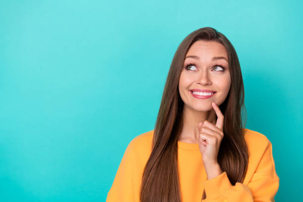 istock Photo of minded positive lady look empty space deep think, decide plan isolated on cyan color background 2184732820