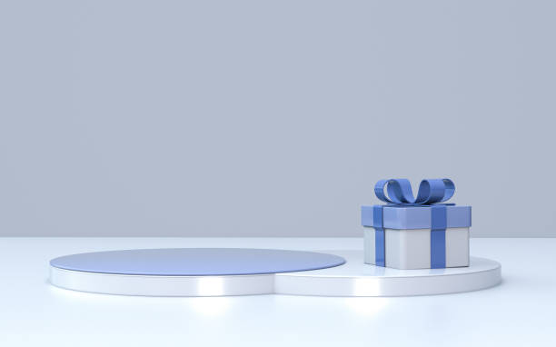istock 3D premium graphic design, silver blue minimal background with podium stand and festive gift box for festive events, birthday, party 2184732904
