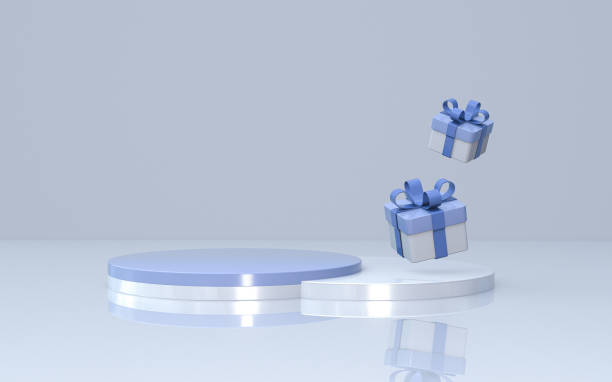 istock 3D minimal silver blue round podium with floating gift boxes for graphic design 2184732942