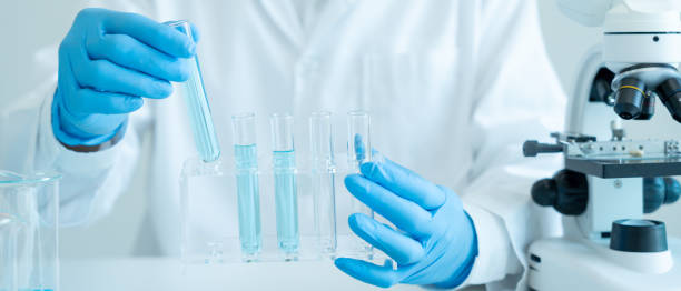 istock Scientist analyze biochemical sample in advanced scientific laboratory. Medical professional check chemical mix microbiological developmental of viral. Biotechnology research in science lab. cosmetic 2184746731
