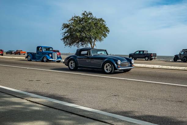 1962 Austin Healey Sebring 5000 Convertible Gulfport, MS - October 04, 2023: Wide angle front corner view of a 1962 Austin Healey Sebring 5000 Convertible at a local car show. gulfport florida photos stock pictures, royalty-free photos & images