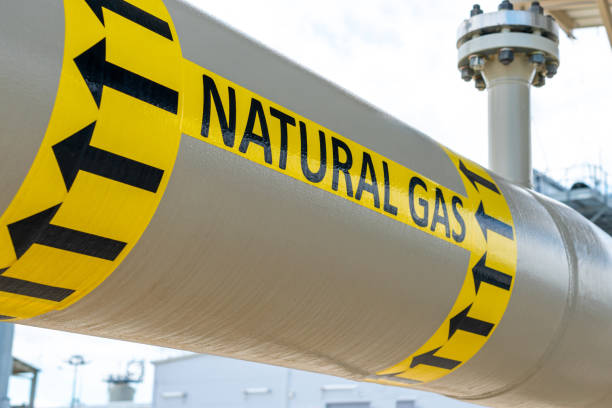 istock Natural gas pipeline with appropriate marking of the transported medium and flow direction 2184750868