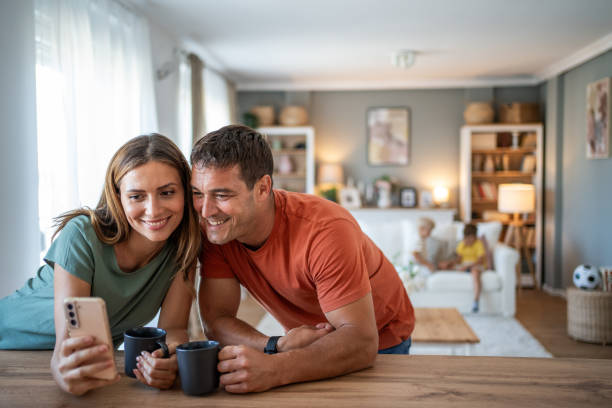 istock Kitchen, coffee and love: Selfies of two happy partners 2184751866