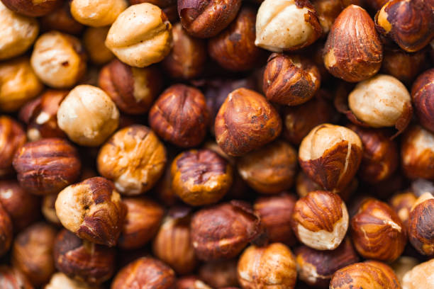 Deliciously toasted organic hazelnuts with a rich nutty flavor. Part of a food series.