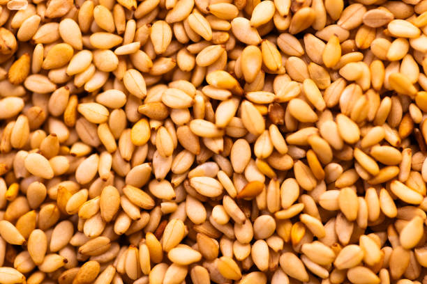 Texture of a freshly baked hamburger bun showcasing golden color and scattered sesame seeds on a soft surface