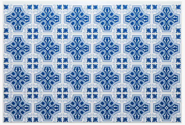 Tiled wall, finishes with azulejo style floral ornament. 3D render.