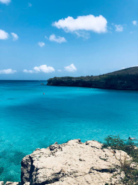 Bright blue teal ocean with large rock ledge and mountain