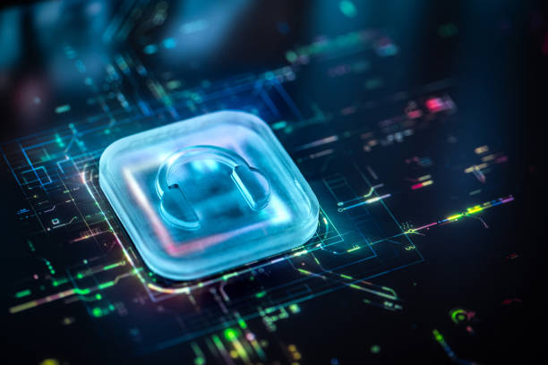 istock Futuristic Headphones Icon on Digital Glass Interface 2184761762