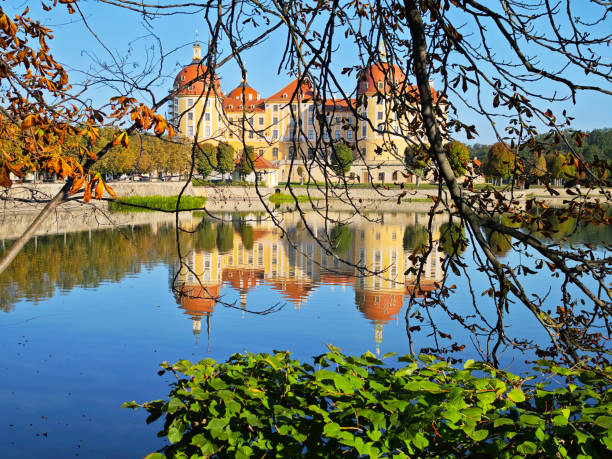Munich, Germany – December 05, 2021: A beautiful view with trees near the Nymphenburg Palace reflecting the water lake  in Munich, Germany