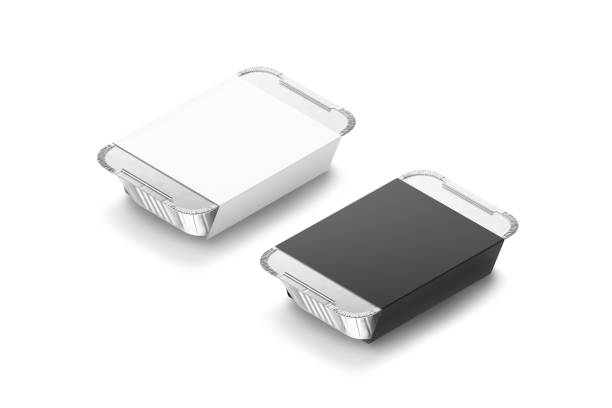 istock Blank black and white aluminium foil container paper label mockup 2184770332
