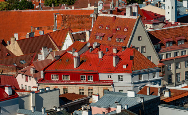 Houses with red and orange roofs in old Tallinn.