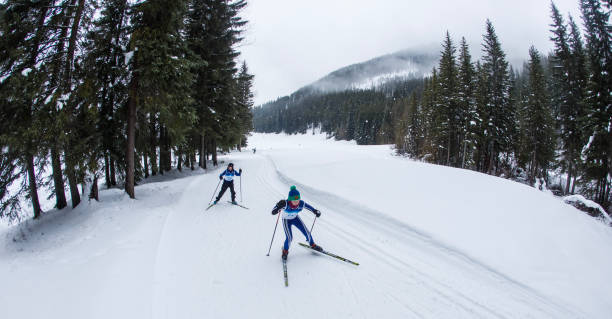 Two boys compete in a children's cross-country ski race at Panorama Mountain Village in British Columbia, Canada. They are doing the skate-ski technique. (John Gibson Photo / GibsonPictures)