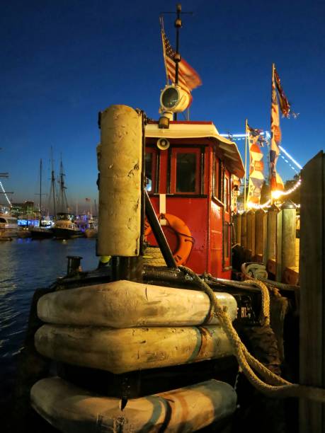 Red Tugboat at Twilight Evening Norfolk Virginia Harbor Waterfront Schooner Ship