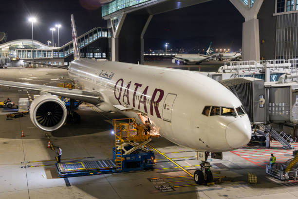 Hong Kong - October 25, 2024 : Qatar Airways Boeing 777-300ER at the Hong Kong International Airport.