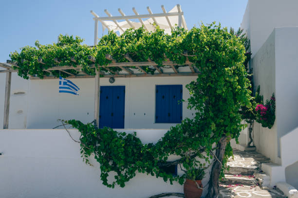 Santorini, Greece- September 20, 2017: Typical whitewashed facade with blue elements in Santorini, Greece.