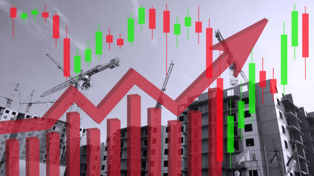 istock Red growing up arrow on construction site background. Bar chart and graph. Interest Rate Increases. Apartment. Industry crisis concept. Flat rising prices. Real estate. Inflation economics. Investment 2184793799