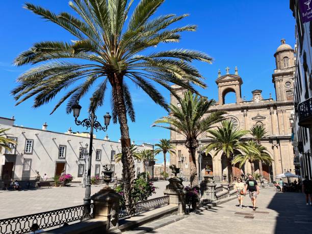 Las Palmas de Gran Canaria, Canary Island, Spain - September 22, 2024: Colorful ancient landscape view with typical colonial style building with iron balcony in main square against blue sky. On right, Cathedral Santa Ana Vegueta.\n\nSightseeing Las Palmas de Gran Canaria, Canary Island, Spain.\nSpain travel concept.