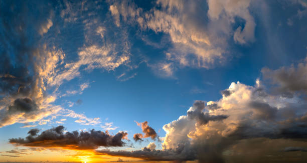 Colorful sunset sky with setting sun behind vivid orange and yellow clouds