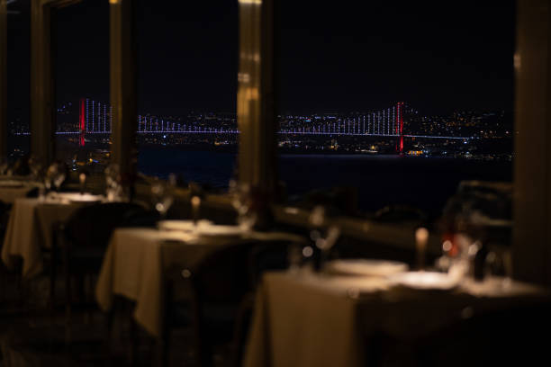 istock Night view of Istanbul Bosphorus Bridge seen from a luxurious restaurant with moonlit sky, Turkey 2184823601