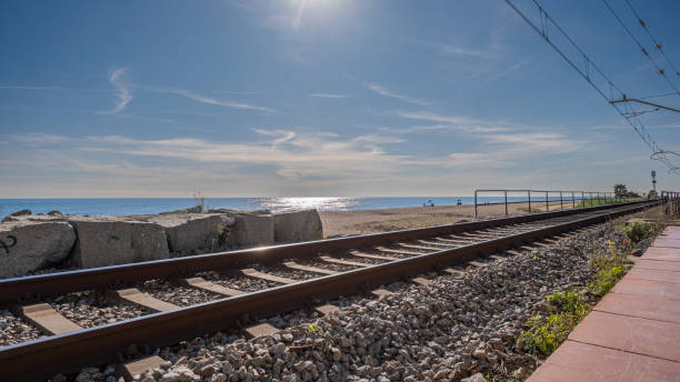 A segment of the regional railway line that runs along the Catalan coast near the town of Sant Pol de Mar, Spain.\n16x9 format image with copy space.