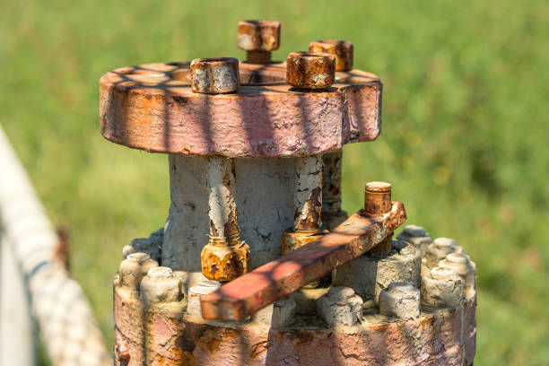 Old flanges with rusty bolts and peeling paint from oil production. Pollution of the environment