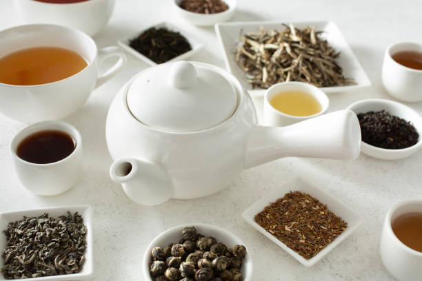 istock white teapot and loose leaf teas 2184842699