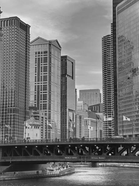 istock River in Chicago surrounded by skyscrapers in black and white 2184842727