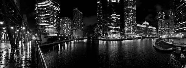 istock Panoramic view of Chicago and its river in black and white and at night 2184843314