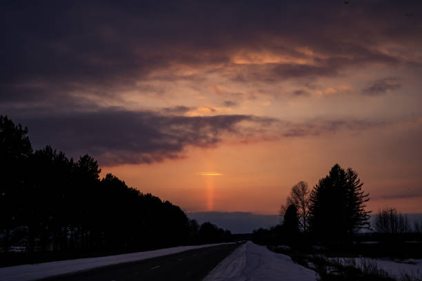 Sunset on the road in the forest