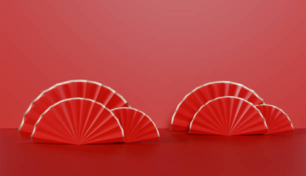 istock Red chinese new year podium cylinder pedestal minimal product display with empty display scene presentation for product placement 2184846372