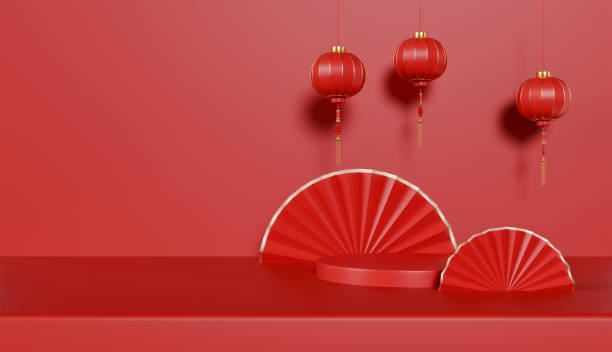 istock Chinese new year cylinder podium with lantern and fan 2184846383