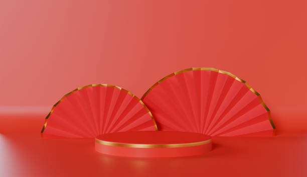 istock Red chinese new year podium cylinder pedestal minimal product display with empty display scene presentation for product placement 2184846457